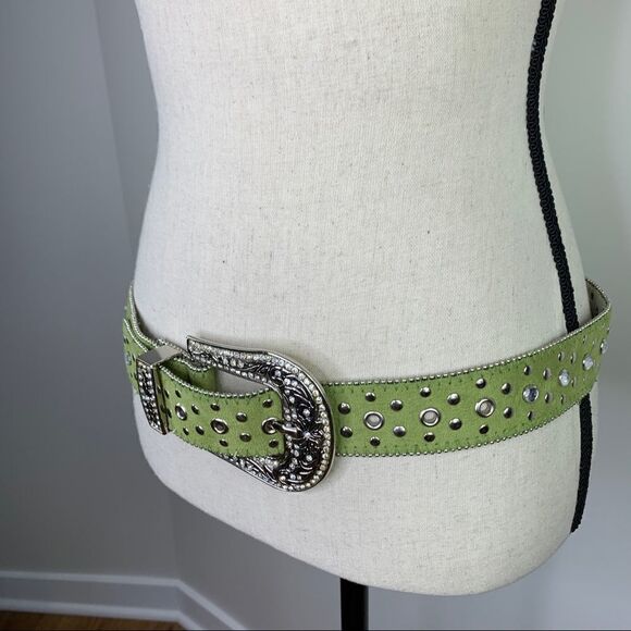 Lime Green Suede Western Belt w/Crystals and Rivets‎ Sz Sm main image 5